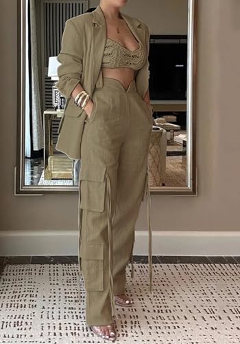 Women's Spring Fall 2 Piece Blazer Set Casual Loose Long Blazer Jackets and Straight Wide Leg Pant Suits Pockets2