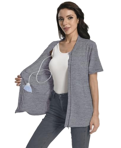 Mastectomy Shirt with Drain Pockets Breast Mastectomy Recovery Supplies Nephrostomy Drain Bag Tummy Tuck Must Haves Clothing Comfy Post OP Camisoles After Mastectomy Short Sleeve Shirts Dark Grey