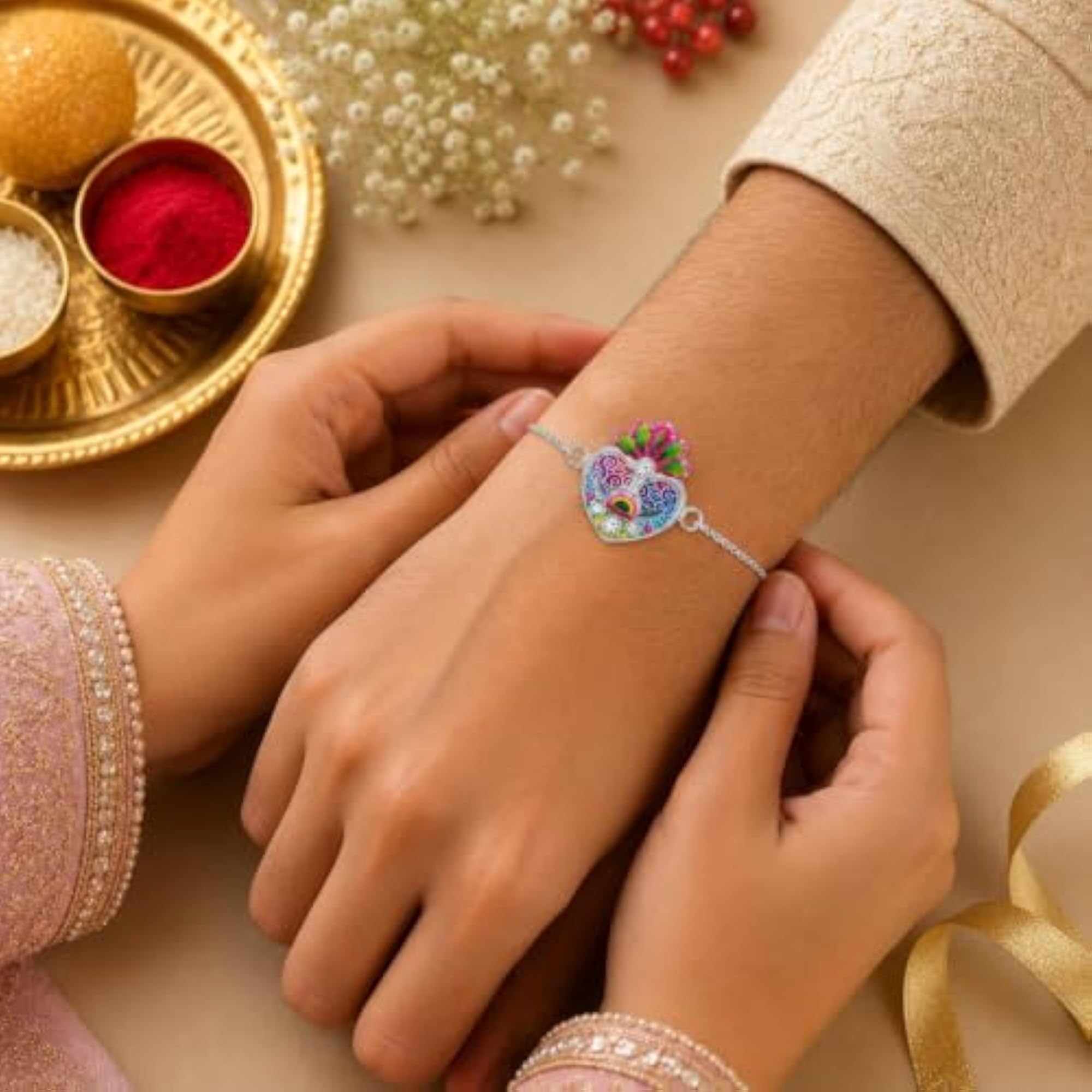 Silver Plated Designer Rakhi for Brother with Roli Chawal
