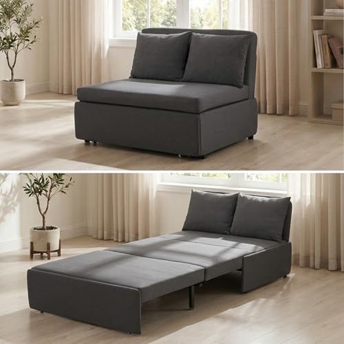BALUS 43" W Queen Size Pull Out Sofa Bed Sleeper Couch with Pullout Beds, 2 in 1 Convertible Guest Sofas Loveseat Sofabed with 3.9" Folding Mattress and Pillows for Living Room Apartment, Dark Grey