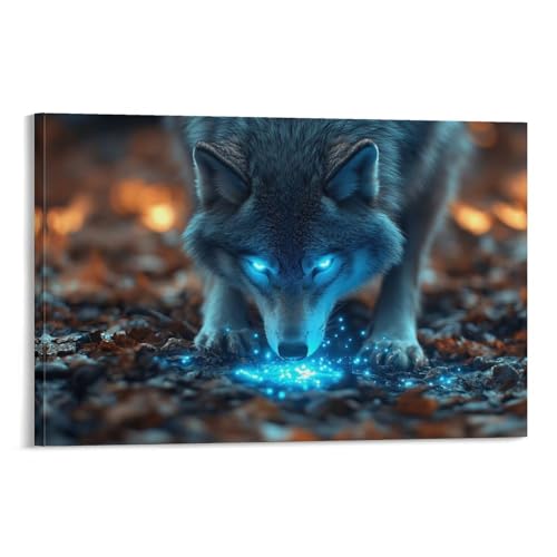 Tableau loup lumineux feuilles d'automne décoration murale maison