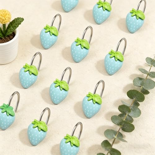 Image of Blue Strawberry Shower Curtain Hooks 12 Pack Resin Decorative Shower Curtain Hooks Cute Fruit Bathroom Curtain Hangers for Standard Shower Rod
