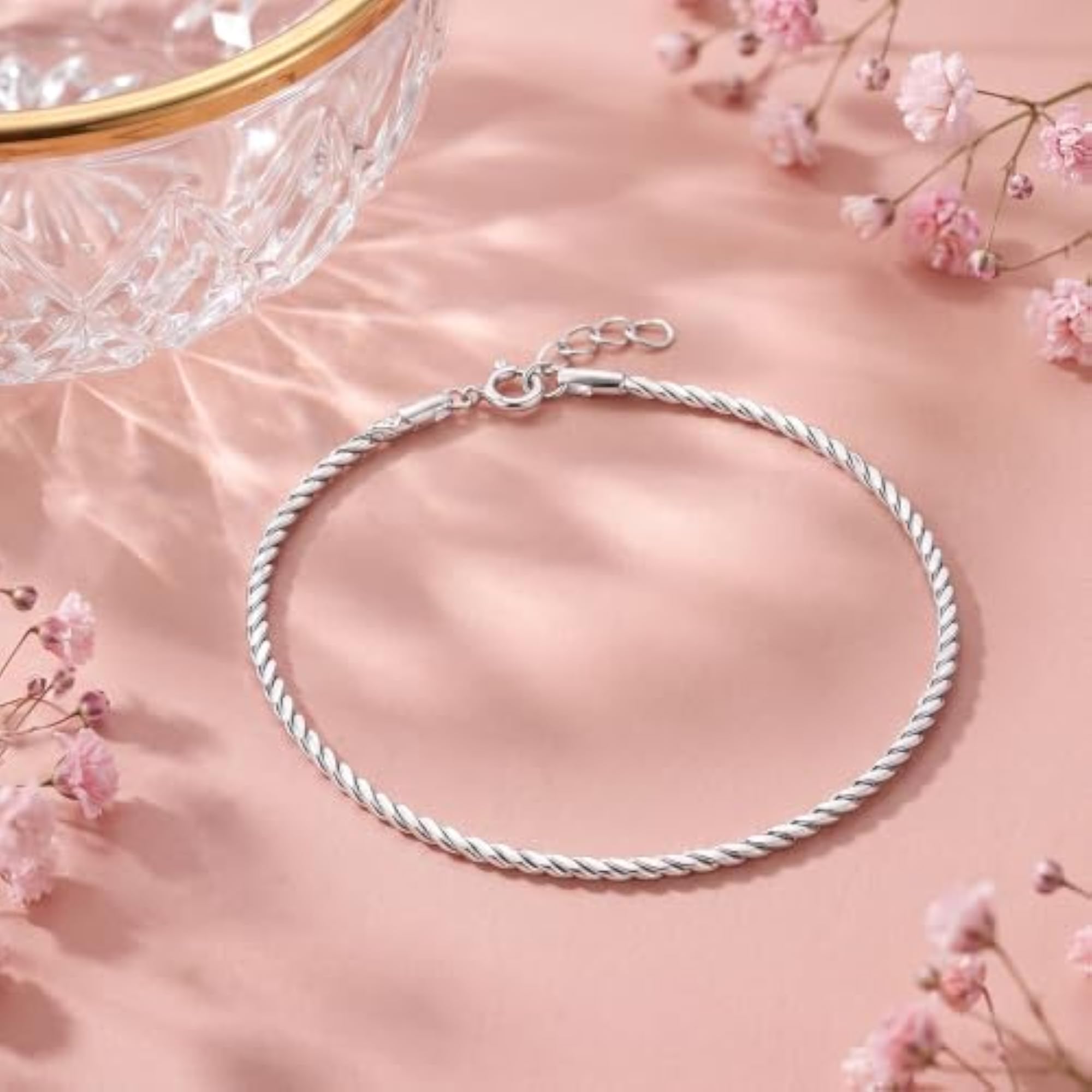 Women's Pure 925 Silver Faceted Twisted Rope Chain Bracelet