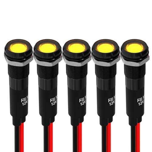 FILN 5個8mm 12-24V 表示灯LEDライト、車内用小型LEDライト、防水信号ランプ パイロットダッシュ方向指示灯 トラック・ボート用 配線付き-亜鉛アルミニウム合金（黄）