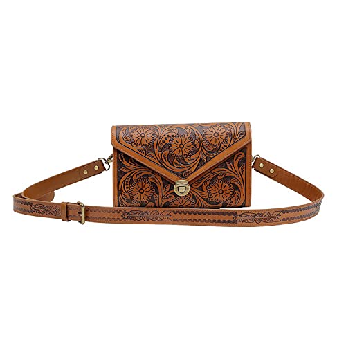 Myra Bag Western Leather Purse Bag for Women - Upcycled Canvas Hand-Tooled Shoulder Bag Goldfish