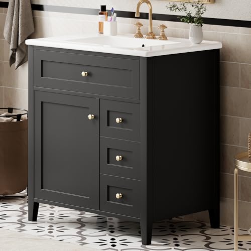 Image of 30 inch Bathroom Vanities with Top Set, Cabinet with Right-Side Multi-Functional Tip-Out Drawer and Adjustable Shelf, Soft-Closing Door, Solid Wood Legs, Black