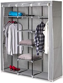 Home Treats Large Grey Canvas Wardrobe | Hanging Rail Clothes Closet Storage Shelves Organiser For Kids & Adults Bedroom.171 x 146 x 46 cm