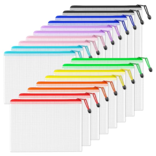 Image of SUNEE Plastic Mesh Zipper Pouch 9.2x12.5 in (9 Colors, 18 Packs),Extra Large Water-Resistant Zip Bag for School Office Supplies, Puzzles & Games Organizing Storage