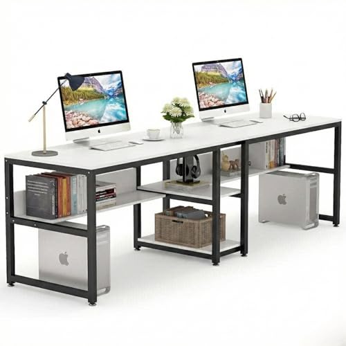 Image of TEKAVO Doris Two Person Desk I 200 CM I Two People Working Table for Office & Home I Computer Desktop Table for Home pc I Desk with Book Shelf Storage I White Wood I Metal I DIY