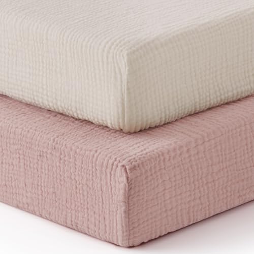 Image of Blissful Diary Muslin Crib Sheets for Girl Boy, Boho Neutral Soft Cotton Baby Sheet for 52''x28'' Standard Crib Mattress, 2 Pack(Cream&Pink)