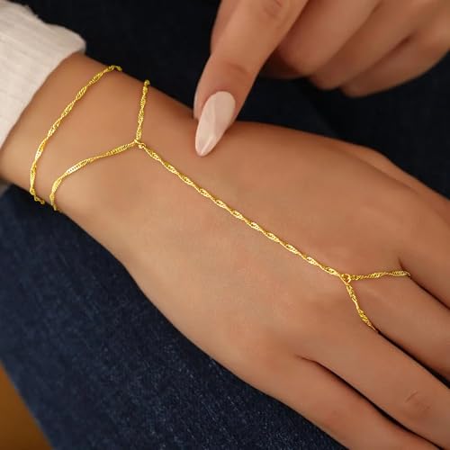 Yoosteel Hand Chain Bracelet for Women - Dainty 14K Gold Plated Finger Ring Hand Chains Layered Trendy Link Bracelets Jewelry Gifts for Women3
