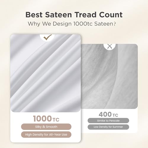 Image of Sophia & William 100% Cotton Sateen Sheet Set King Size White - 4 Piece Set | 1000 Thread Count Ultra-Soft 4 Piece Bedding, Extra Deep 16 inch Pocket Fitted Sheet Fits Most Mattresses, OEKO-TEX 100 Certified