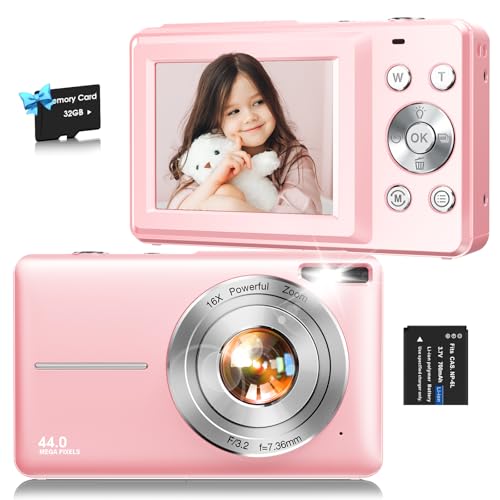Digital Camera,FHD 1080P Kids Camera 44MP Point and Shoot Digital Cameras with 32GB Card,16X Zoom,Anti-Shake,Date Stamp,Compact Small Cameras Photography for Kids Student Teen Girl Boy(Pink)
