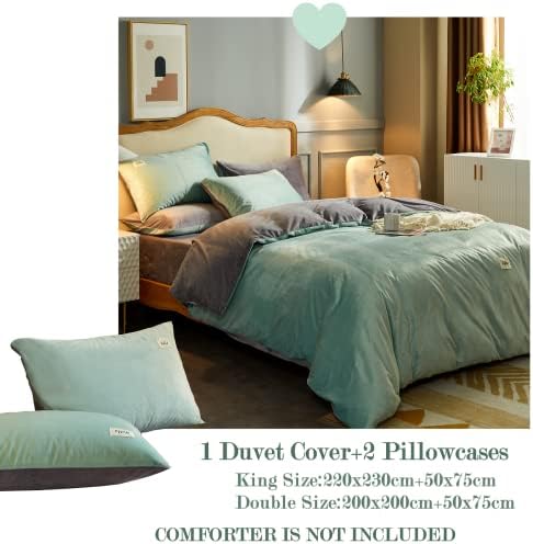 Beyeutao Soft Flannel Duvet Cover King Warmth Bedding Set Solid Color Green Grey Double Size Duvet Cover Set 3 Pieces Bedding Set with Velvet Duvet Cover Pillowcases.(Green+Grey, King)