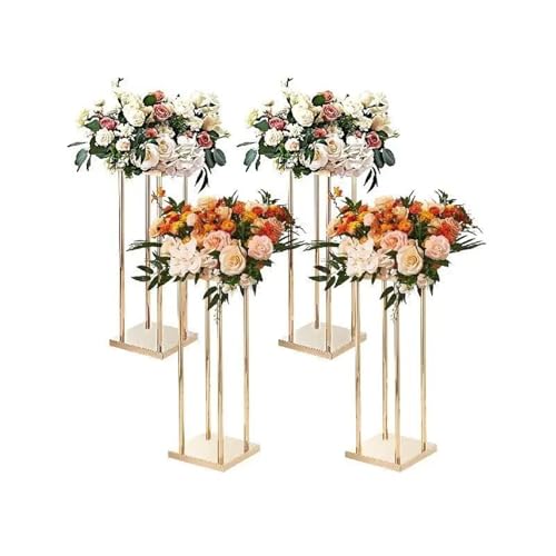 Soporte de Flores for Boda con Columna de Metal Dorado Alto con jarrón Laminado de Metal, Centro de Mesa geométrico, Soportes Florales cilíndricos