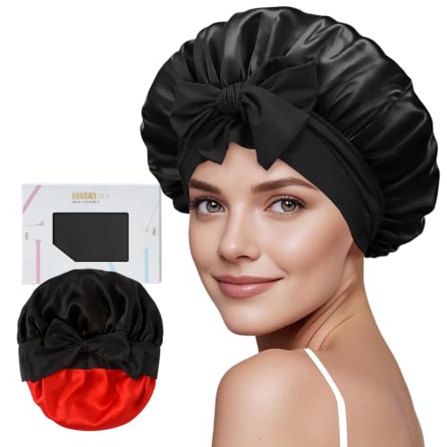 ZIMASILK 100% Mulberry Silk Bonnet for Sleeping Women Long Hair, Black