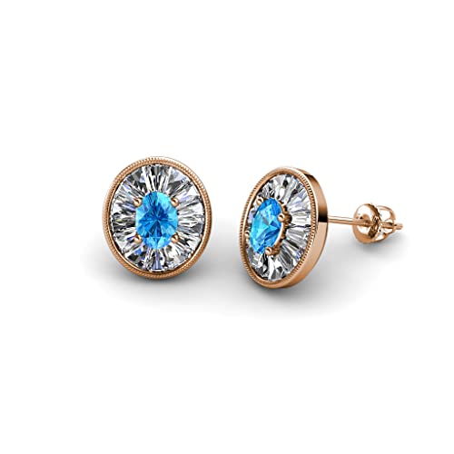 Oval Cut Blue Topaz & Baguette Natural Diamond 1.22 Ctw Women Milgrain Halo Stud Earrings 14K Rose Gold #TOP10