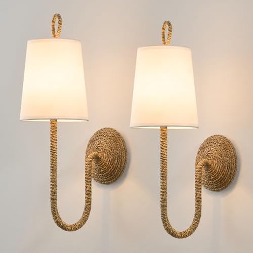 Boho Coastal Rattan Wall Sconce: Set of 2 Wicker Hardwired Bathroom Lights
