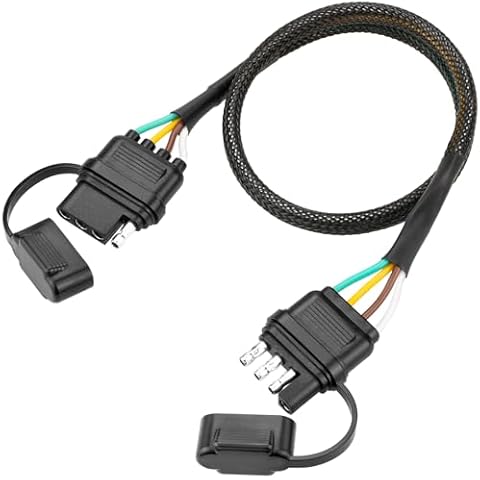 Tecreddy 4 Pin Trailer Wire Extension, 24 inch, 4 Way Flat Trailer Light Plug Connector with Dust Cover, 18AWG Pure Copper Wiring Harness Extender with Loom Tubing Protection Cover