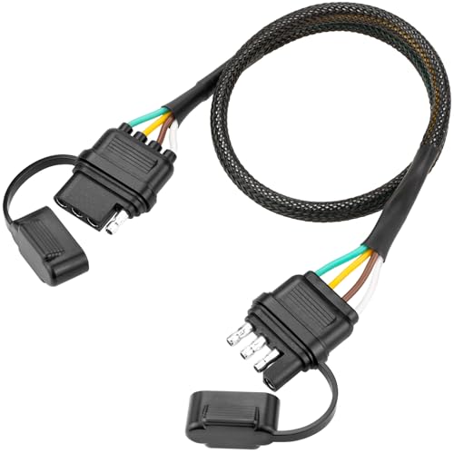 Tecreddy 4 Pin Trailer Wire Extension 24 inch 4 Way Flat Trailer Light Plug Connector with Dust Cover 18AWG Pure Copper Wiring Harness Extender with Loom Tubing Protection