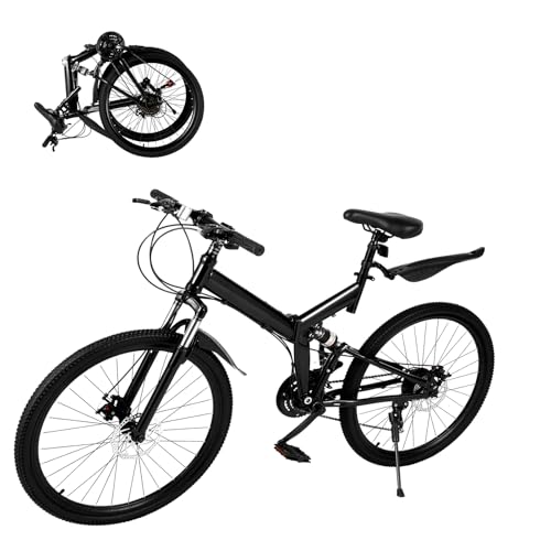 HHEMSTD 26 Inch Folding Mountain Bike 21 Speed Adult Bicycle High Carbon Steel Frame with Dual Disc Brakes Oil Spring Fork & Adjustable Seat All-Terrain Foldable MTB for Men Women Outdoor Riding