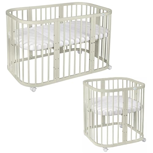 waldin Babybett 7in1, Matratze, Rollen, Regal, Olive