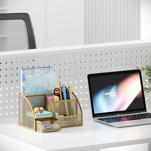 Image of EasyPAG Mesh Desk Organizer Office Supplies Caddy 6 Compartments with Drawer,Gold