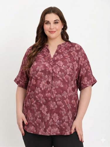 Image of SINDOORI Relaxed Fit Tops for Women Plus Size Solid Printed Mandarin Collar, Band Collar, V-Neck Top, Half Sleeve Loose Fit