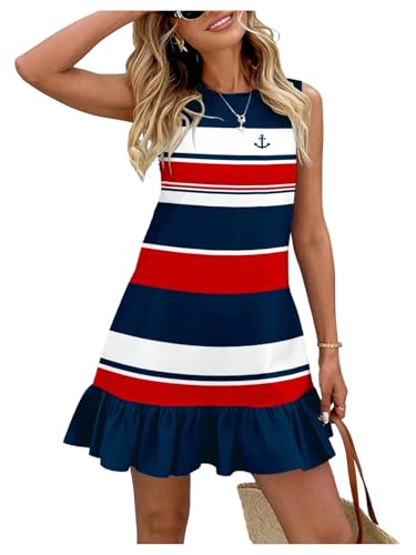 SHENHE Women's Ruffle Hem Sleeveless Striped Tank Dress Anchor Print Sailor Shift Dress Blue Medium