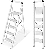 KINGRACK Escalera de Tijera 5 peldaños Plegable de Aluminio, Escalera Doméstica Estrecha con Pasamanos, Mecanismo Antiplegado, Uso Hogar Cocina Despensa Oficina, Ahorro de Espacio y Portátil, Plata