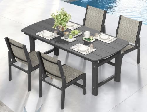 Image of Ciokea HDPE Outdoor Dining Set, Patio Table and 4 Stackable Chairs, Grey | All-Weather Furniture Set with 2 inch Umbrella Hole and Armless Chair. Breathable Teslin Fabric Suitable for Outdoor Leisure.