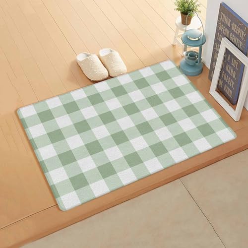 Sage Green Lattice Kitchen Bath Door Mat Cushioned Runner Rug,Washable Welcome Floor Sink Antifatigue Mat,Waterproof & Non-Slip Comfort Standing Doormat,Farmhouse Pastoral Buffalo White Check 18