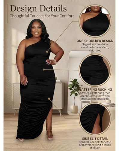 Image of Womens Sexy Plus Size One Off Shoulder Sleeveless Bodycon Ruched Evening Pencil Party Maxi Dresss