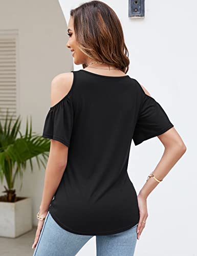 Micoson Cold Shoulder Tops for Women Summer Short Sleeve Shirts Ladies Floral Ruched Blouse Classic Cute V Neck Tunic3