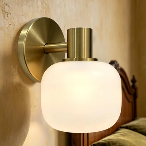 Modern Brass Wall Sconce with Frosted Glass Shade, Transitional Style 1 Light Wall Fixture Bathroom Vanity Light, Hardwired Wall Mounted Lighting for Hallway, Entryway, Kitchen, Loft