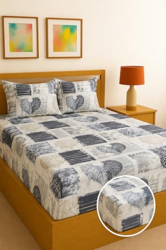 Image of Fitted Sheet Grey Leaf Patch Print Fitted Bedsheet | Glace Cotton 140 TC | Double Size (48x75 inch) with 2 Pillow Covers (18x28 inch) | Deep Pocket up to 10 Inches - Soft & Comfortable