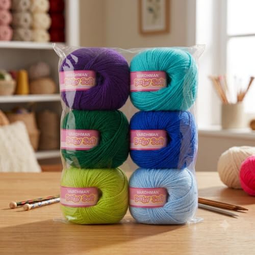 Image of Vardhman BabySoft Knitting Yarn | 100% Acrylic Wool | 4 Ply | Thin Knitting & Crocheting Hook Thread & Lightweight | Special Baby Wool | 150 Grams (6 Balls of 25g) | Machine Washable | Ideal for Blankets, Hats, Booties Ultra-Soft for Baby Sweaters, Blankets, Caps, Socks, Soft toys, Art & craft (Peacock Palette)