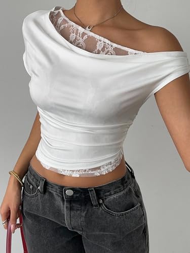 Verdusa Women's Lace Top Off The Shoulder Elegant Crop Shirts Going Out Tops3