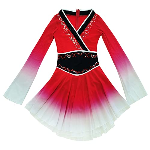 Liuhuo Figure Skating Competition Mulan Skating Dress High Stretch Long Sleeve Ded Red #TOP4