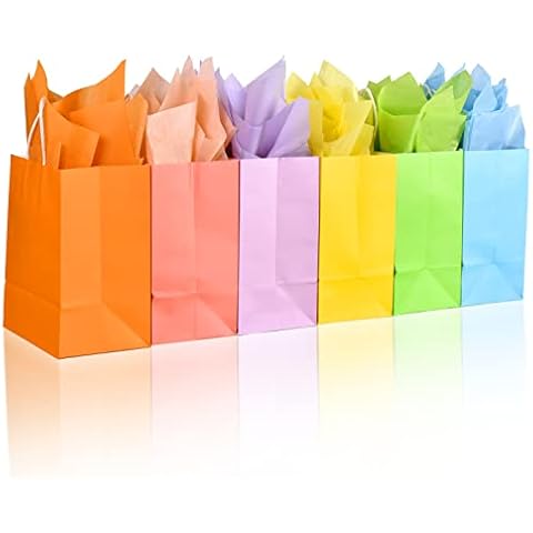 Artrello Gift Bags with Tissue Paper, 24 Pack Small medium Size Wrapping Paper Bags in Bulk Cute Solid Rainbow Colorful Plain Little Medium Kraft goodies bags set (Small) Cover