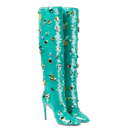 Bottes hautes pointues pour femmes à talons aiguilles et strass turquoise GXNRHG