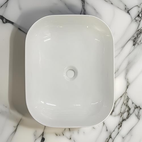 Image of SEA SHORE Wash Basin for Bathroom - Tabletop Ceramic Glossy Countertop Vessel Sink | Modern Designer Basin for Bathroom, Dining Hall & Vanity | 18 x 13 x 5.5 Inch (Dogra White)