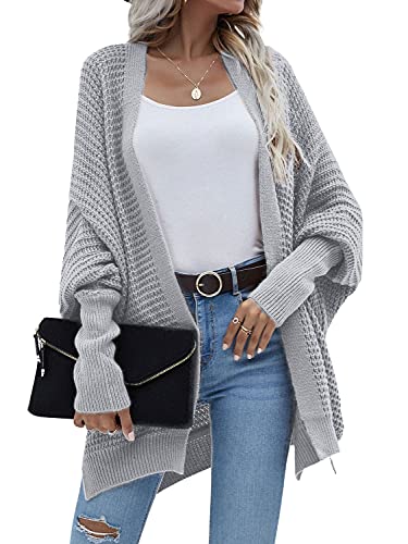 Image of Women's Waffle Cardigan Ribbed Cuffs Open Front Knit Sweater Batwing Long Sleeve Casual Loose Chunky Coat Outwear(M,Light grey2)