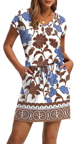 Image of OFEEFAN Summer Dresses for Women 2026 V Neck T Shirt Casual Mini Dresses Tie Waist Sundresses with Pockets