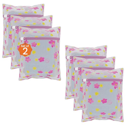 Image of Kuber Industries Set of 6 Polyester Mesh Laundry Bag with Zip | Reusable Washing Bags for Washing Machine | Ideal for Lingerie, Delicate Fabric & Shoes Protection | YZ-8-3 | Sunflower Design - Pink