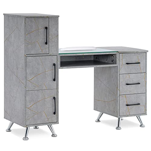 BarberPub Manicure Table, Nail Makeup Desk with Drawers, Storage Beauty Salon Workstation 2611 (Gold&Grey)