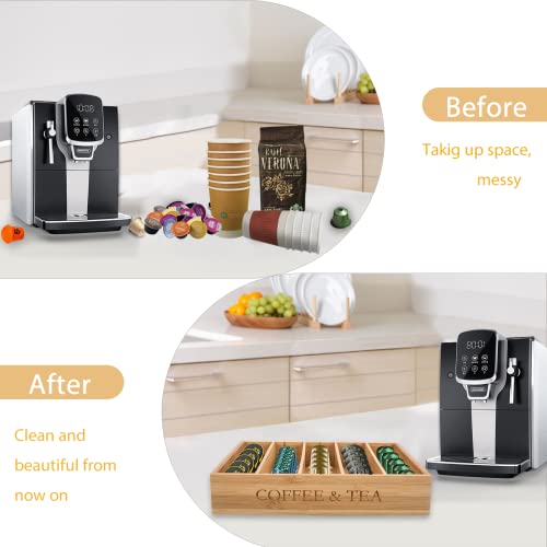 Coffee & Tea Station Organizer - 4 Removable Dividers, Bamboo Coffee Bar Accessories Storage Container For Countertop, Farmhouse Kcup Coffee Pod Holder Tea Organizer With Handle For Coffee Lover #TOP3