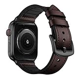 OUHENG Compatible with Apple Watch Band 42mm 44mm, Sweatproof Genuine Leather and Rubber Hybrid Band Strap Compatible with iWatch Series 5 Series 4 Series 3 Series 2 Series 1, Dark Brown