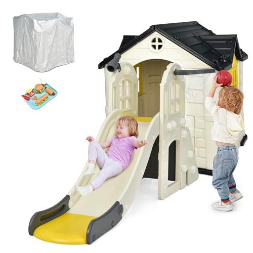 COSTWAY Cabane de Jardin Enfant avec Toboggan 140 CM, Maison Enfant Exterieur avec Panier de Basket...