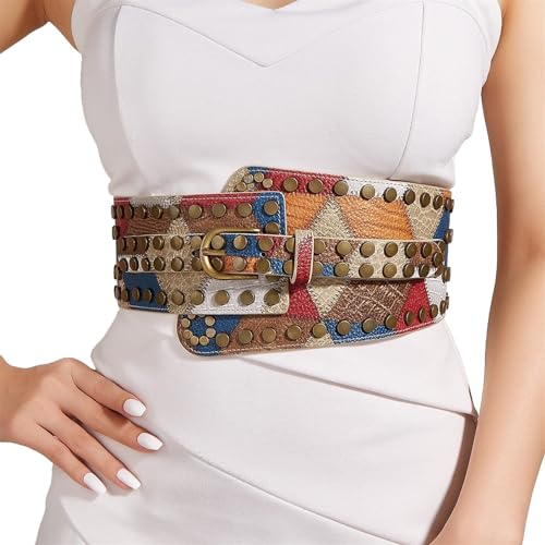 Women's Black Elastic Ultra Wide Belt Vintage Leather Rivet Waistband Metal Punk Corset Belt Party Club Prom Dress Belt